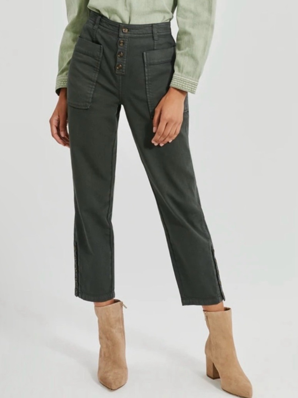 Something Navy Button Fly Denim Women’s High Rise Crop Pants in Dark Green